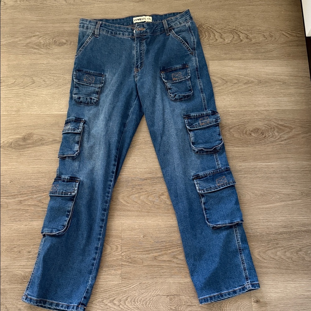 Love Brand Men's Dark Blue Cargo Jeans with Multiple Patch Pockets